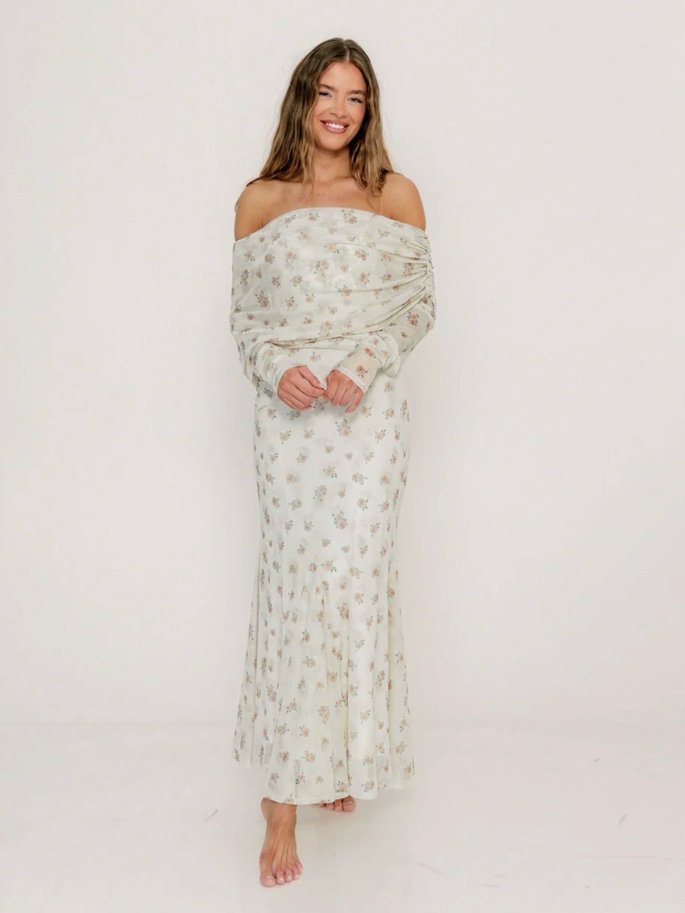 Off-Shoulder Floral Maxi Dress in Ivory - Picture 2 of 5